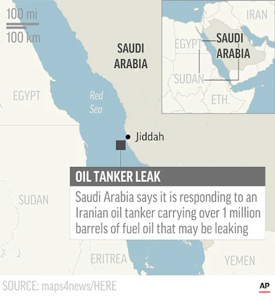 Map locates approximate location of Iranian tanker that analysts say is leaking oil in Red Sea.