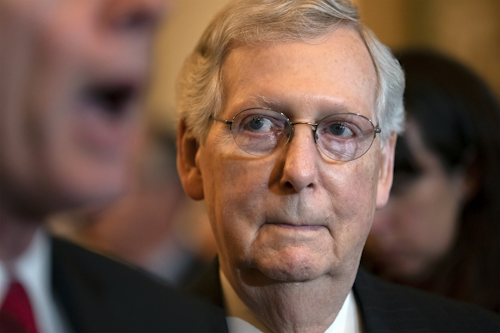 Senate Majority Leader Mitch McConnell, R-Ky., listens as Sen. John Barrasso, R-Wyo., speaks during a news conference at the Capitol in Washington, Tuesday, May 14, 2019. Image credit: AP Photo/J. Scott Applewhite