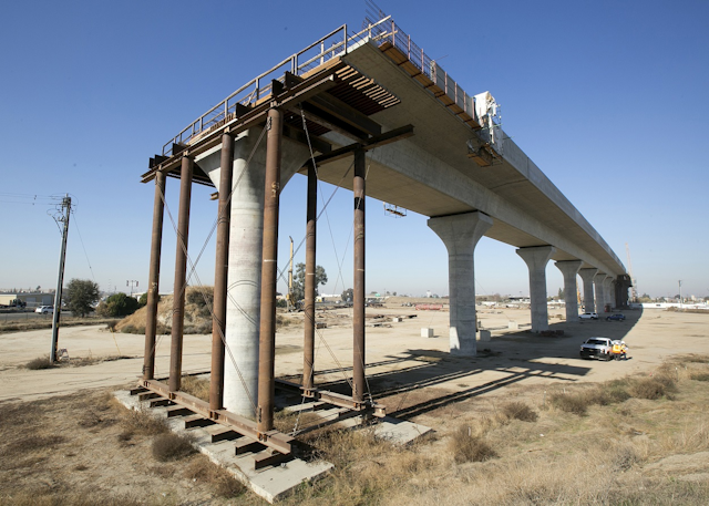 This Dec. 6, 2017, file photo shows one of the elevated sections of the high-speed rail under construction in Fresno, Calif. Image credit: AP Photo/Rich Pedroncelli, File