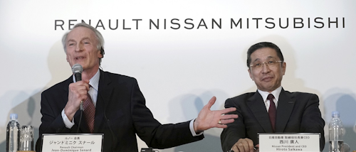 In this March 12, 2019, file photo, Renault Chairman Jean-Dominique Senard, left, speaks as Nissan CEO Hiroto Saikawa listens during a joint press conference at the Nissan headquarters in Yokohama, near Tokyo. Image credit: AP Photo/Eugene Hoshiko, File