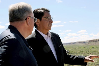 Navajo Nation President Jonathan Nez, right, and U.S. Interior Secretary David Bernhardt look out over Pueblo Bonito, at Chaco Culture National Historical Park, N.M., Tuesday, May 28, 2019. Image credit: Hannah Grover/The Daily Times via AP