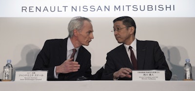 In this March 12, 2019, photo, Renault Chairman Jean-Dominique Senard, left, and Nissan CEO Hiroto Saikawa speak at the start of a joint press conference following a board meeting at the Nissan headquarters in Yokohama, near Tokyo.Image credit: AP Photo/Eugene Hoshiko, File