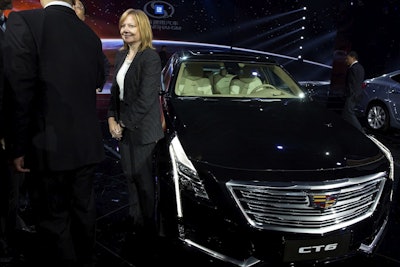 In this April 19, 2015, file photo General Motors CEO Mary Barra stands next to the Cadillac CT6 luxury sedan during a General Motors event ahead of the Auto Shanghai show in Shanghai, China. Image credit: AP Photo/Ng Han Guan, File