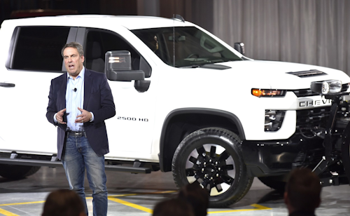 In this Feb. 5, 2019, file photo General Motors President Mark Reuss unveils the Chevrolet Silverado HD at Flint Assembly in Flint, Mich. Image credit: Todd McInturf/Detroit News via AP, File
