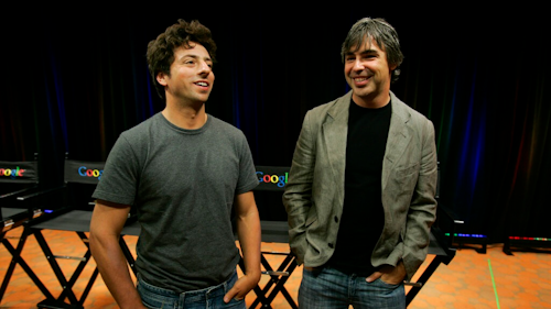 In this Sept. 2, 2008, file photo Google co-founders Sergey Brin, left, and Larry Page talk about the new Google Browser, 'Chrome,' during a news conference at Google Inc. headquarters in Mountain View, Calif. Page and Brin are stepping down from their roles within the parent company, Alphabet. Page, who had been serving as CEO of Alphabet, and Brin, who had been president of Alphabet, will remain on the board of the company.