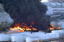 In this Monday, March 18, 2019 file photo, Firefighters battle a petrochemical fire at the Intercontinental Terminals Company in Deer Park, Texas. A fire at a Houston-area petrochemical storage facility that burned for days in March was accidental and caused by equipment failure at a storage tank, according to a report released by local and federal investigators, Friday, Dec. 6, 2019.