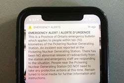 An emergency alert issued by the Canadian province of Ontario reporting an unspecified “incident” at a nuclear plant is shown on a smartphone Sunday, Jan. 12, 2020. Ontario Power Generation later sent a message saying the alert “was sent in error.'