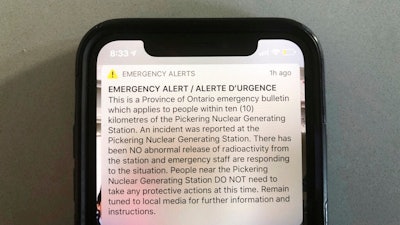 An emergency alert issued by the Canadian province of Ontario reporting an unspecified “incident” at a nuclear plant is shown on a smartphone Sunday, Jan. 12, 2020. Ontario Power Generation later sent a message saying the alert “was sent in error.'