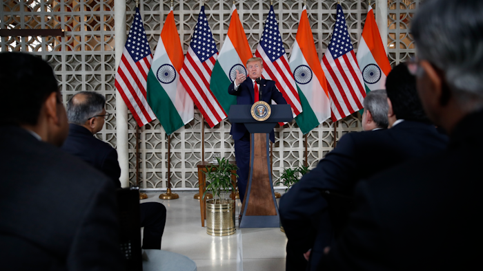 President Donald Trump speaks with business leaders at a roundtable event at Roosevelt House on Tuesday, Feb. 25 in New Delhi, India.