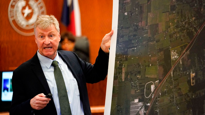 Special prosecutor Michael Doyle speaks during opening statements during the Arkema Inc. criminal trial at Harris County Criminal Courthouse Thursday, Feb. 27, 2020, in Houston. Arkema Inc., a subsidiary of a French chemical manufacturer, along with three senior staff members are on trial over a fire at the Houston-area chemical plant that was overwhelmed by Hurricane Harvey's flooding in 2017.