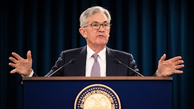 In this Jan. 29, 2020 file photo Federal Reserve Chair Jerome Powell speaks during a news conference following the Federal Open Market Committee meeting in Washington.