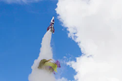 In this Saturday afternoon, Feb. 22, 2020, photo 'Mad' Mike Hughes rocket takes off, with what appears to be a parachute tearing off during its launch near Barstow, Calif.
