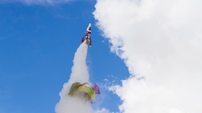 In this Saturday afternoon, Feb. 22, 2020, photo 'Mad' Mike Hughes rocket takes off, with what appears to be a parachute tearing off during its launch near Barstow, Calif.
