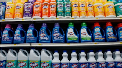 This July 15, 2011, file photo shows Clorox brand products line the shelf of a supermarket in the East Village neighborhood of New York.