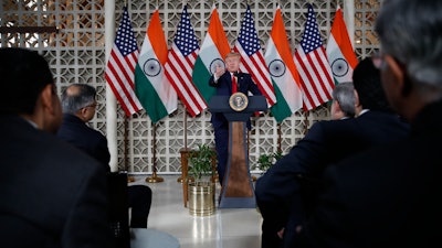 President Donald Trump speaks with business leaders at a roundtable event at Roosevelt House on Tuesday, Feb. 25 in New Delhi, India.