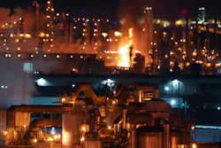 A fire burns after an explosion at the Marathon Refinery in Carson on Tuesday, Feb. 25, 2020.