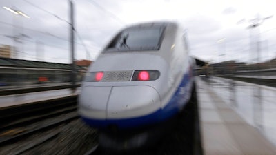 In this Monday, May 14, 2018 file photo, a TGV high-speed train at the Saint-Charles train station, in Marseille, southern France. French train maker Alstom said Monday Feb. 17, 2020, that it is in talks to possibly take over the train business of Bombardier, the Canadian aerospace and engineering company.