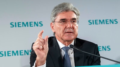 Joe Kaeser, CEO of Siemens, speaks during the Siemens Annual Shareholder's meeting in Munich, Germany, Wednesday, Feb. 5, 2020. Orders and earnings at industrial conglomerate Siemens were lower than a year earlier in the October-December period, the company said Wednesday, weighed down by weaker performances in the auto and energy sectors.