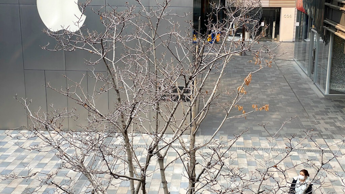 A woman wearing mask walks past the Apple store in an empty mall district in Beijing, China on Wednesday, Feb. 26, 2020. The tech giant Apple has reopened some of its stores in China but says the viral outbreak is starting to disrupt its supplies.