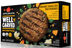 This undated photo provided by Applegate Farms shows Applegate Well Carved Organic Grass-Fed Beef Burgers, a line of meat-and-veggie burgers which the company is introducing at grocery stores next month.