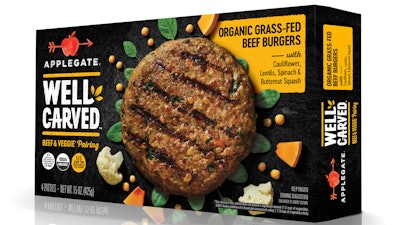 This undated photo provided by Applegate Farms shows Applegate Well Carved Organic Grass-Fed Beef Burgers, a line of meat-and-veggie burgers which the company is introducing at grocery stores next month.