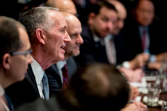 Gilead Sciences CEO Daniel O'Day speaks at a meeting with President Donald Trump, members of the Coronavirus Task Force, and pharmaceutical executives in the Cabinet Room of the White House in Washington.