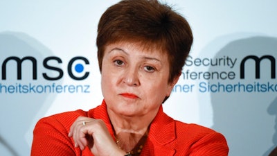 In this Feb. 14, 2020 file photo, Kristalina Georgieva, Managing Director of the International Monetary Fund, attends a session on the first day of the Munich Security Conference in Munich, Germany. Georgieva said Friday, March 27, it is clear that the global economy has now entered a recession that could be as bad or worse than the 2009 downturn. She said the 189-nation lending agency was forecasting a recovery in 2021, saying it could be a “sizable rebound.” But she said this would only occur if nations succeed in containing the coronavirus and limiting the economic damage