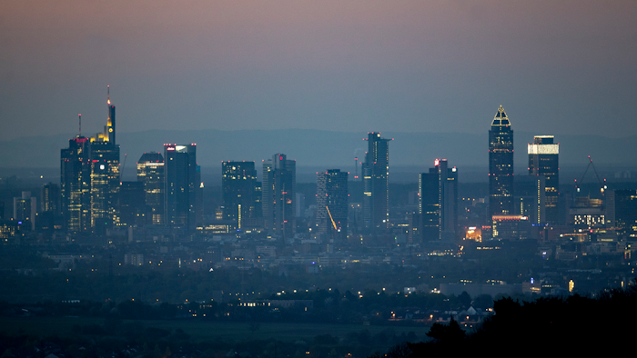 The buildings of the banking district are seen in Frankfurt, Germany, early Tuesday, April 14, 2020. Due to the coronavirus the economy expects worldwide heavy losses.