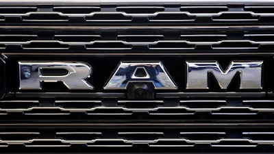 This Feb. 14, 2019, file photo shows the Ram logo on the front grill of a Ram 1500 at the 2019 Pittsburgh International Auto Show in Pittsburgh.