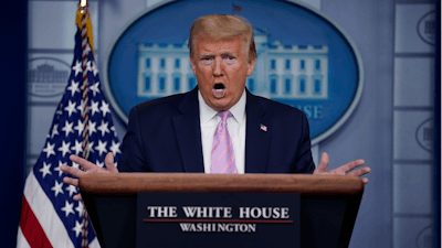 President Donald Trump speaks during a coronavirus task force briefing at the White House on Friday, April 10 in Washington.