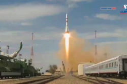 In this grab taken from video footage released by Roscosmos Space Agency, the Soyuz-2.1a rocket booster with Soyuz MS-16 space ship carrying a new crew to the International Space Station, ISS, blasts off at the Russian leased Baikonur cosmodrome, Kazakhstan, Thursday, April 9, 2020. The Russian rocket carries U.S. astronaut Chris Cassidy, Russian cosmonauts Anatoly Ivanishin and Ivan Vagner.