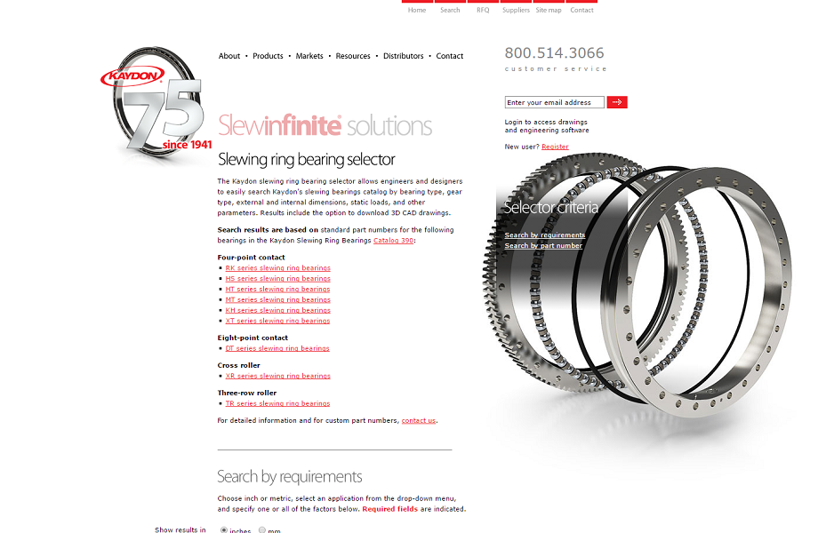 The new slewing ring bearing selector on the Kaydon Bearings website.