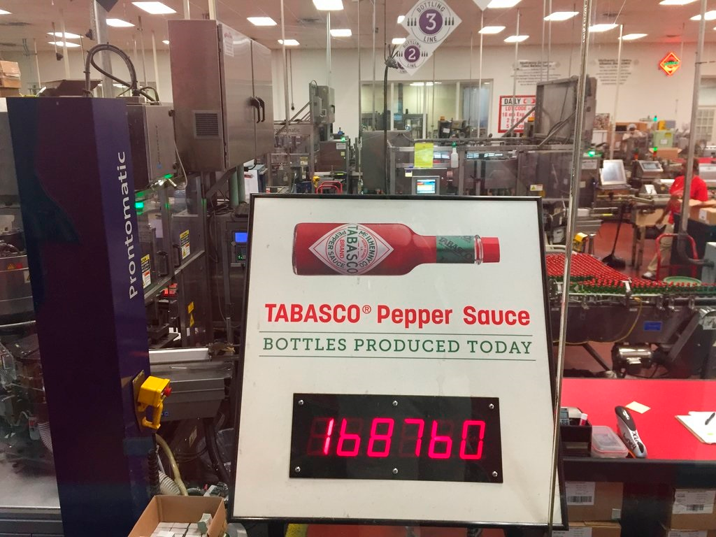 This June 4, 2018 file photo shows a display that counts how many bottles of Tabasco sauce were produced at the Louisiana-based McIlhenny Co. Tabasco factory on Avery Island on that day alone. McIlhenny Co. has named the great-great-grandson of Tabasco creator Edmund McIlhenny as its new president and chief executive officer. News outlets reported Monday, June 10, 2019, that Harold Osborn will take over the company, popularly known for creating the Tabasco brand and distributing Tabasco Pepper Sauce.
