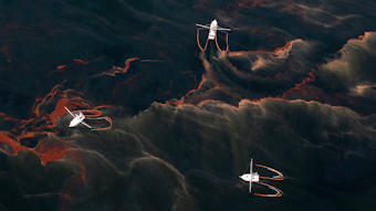 In this May 5, 2010 file photo, shrimp boats are used to collect oil with booms in the waters of Chandeleur Sound, La.