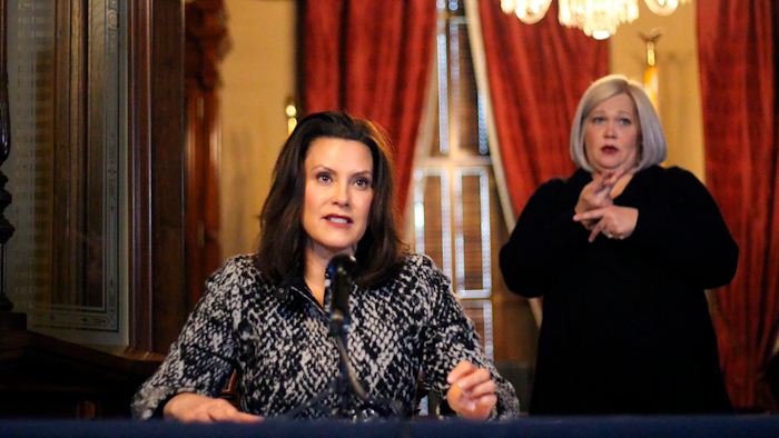 In this April 13, 2020 file photo, provided by the Michigan Office of the Governor, Michigan Gov. Gretchen Whitmer addresses the state during a speech in Lansing, Mich.