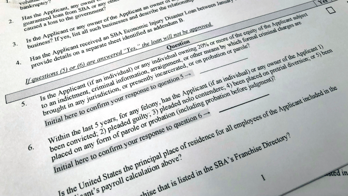 Shown is a portion of a Small Business Administration Paycheck Protection Program Borrower Application Form.