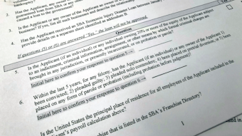 Shown is a portion of a Small Business Administration Paycheck Protection Program Borrower Application Form.