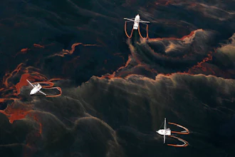 In this May 5, 2010 file photo, shrimp boats are used to collect oil with booms in the waters of Chandeleur Sound, La.