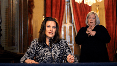 In this April 13, 2020 file photo, provided by the Michigan Office of the Governor, Michigan Gov. Gretchen Whitmer addresses the state during a speech in Lansing, Mich.
