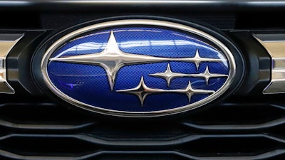 In this Feb. 14, 2019, file photo the Subaru logo on the front grill of a 2019 Subaru Impreza sedan is displayed at the 2019 Pittsburgh International Auto Show in Pittsburgh. Subaru is recalling just over 200,000 cars and SUVs in the U.S. and Canada, Tuesday, April 21, 2020, because fuel pumps can fail and cause engines to stall. The recall covers certain 2019 Impreza, Outback, Legacy, and Ascent vehicles.