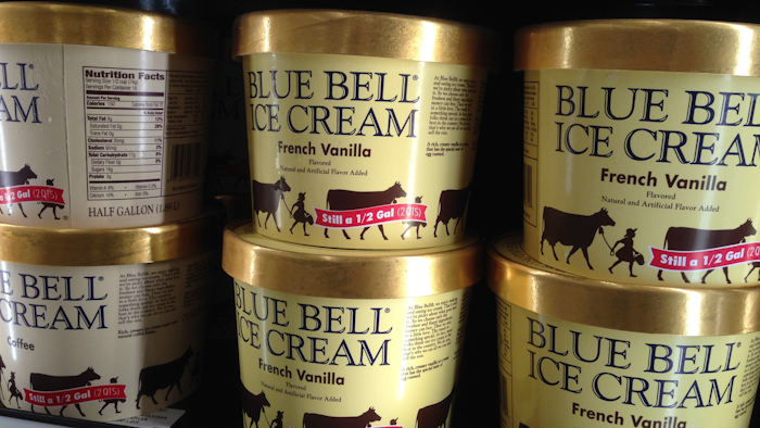 Blue Bell ice cream rests on a grocery store shelf in Lawrence, Kan.