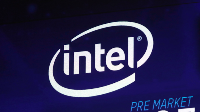 The Intel logo appears on a screen at the Nasdaq MarketSite, in New York's Times Square.