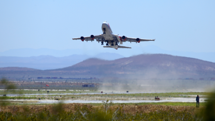 Virgin Orbit's 'Cosmic Girl' Boeing 747-400 takes off from Mojave Air and Space Port north of Los Angeles, May 25, 2020.