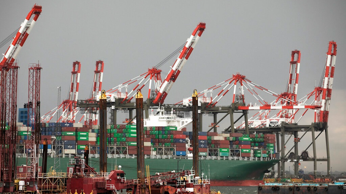 A container ship is docked at Maher Terminals in Elizabeth, N.J., Monday, May 11, 2020.
