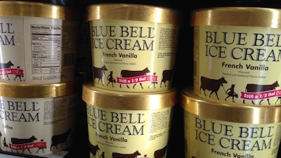 Blue Bell ice cream rests on a grocery store shelf in Lawrence, Kan.