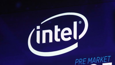The Intel logo appears on a screen at the Nasdaq MarketSite, in New York's Times Square.