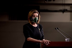 House Speaker Nancy Pelosi, D-Calif., wears a mask at the conclusion of a news conference on Capitol Hill, May 14, 2020.