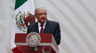 Mexican President Andres Manuel Lopez Obrador speaks at the National Palace in Mexico City.