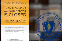 A sign announces the closure of the Massachusetts Unemployment Office, Saturday, May 9, 2020, in Boston.