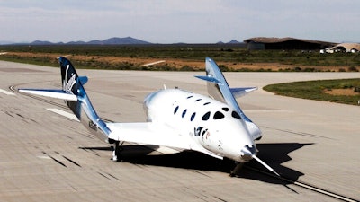 SpaceShipTwo Unity completes a runway landing at Spaceport America, in New Mexico on Friday, May 1, 2020. Virgin Galactic's spaceship VSS Unity has landed in the New Mexico desert after its first glide flight from Spaceport America. The company announced Friday's flight on social media, sharing photos of the spaceship.